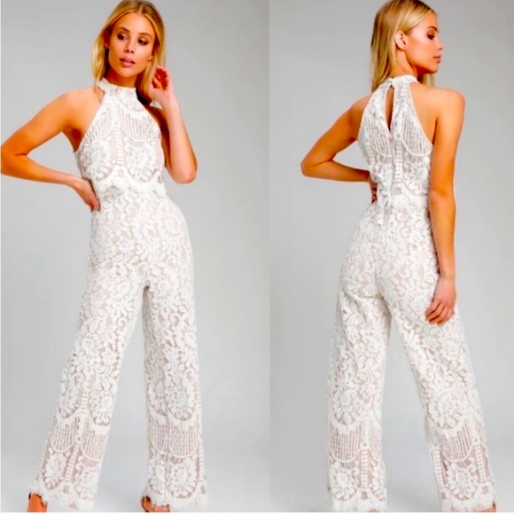 LuLu’s lace off white nude lined halter jumpsuit - Picture 1 of 11